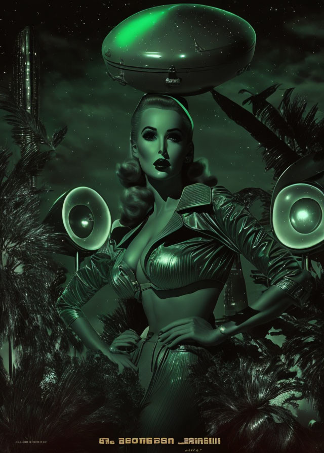 Futuristic female android in tropical setting with flying saucers & skyscrapers