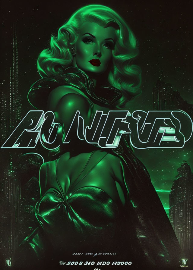 Stylized woman in green futuristic costume with voluminous hair against neon cityscape backdrop