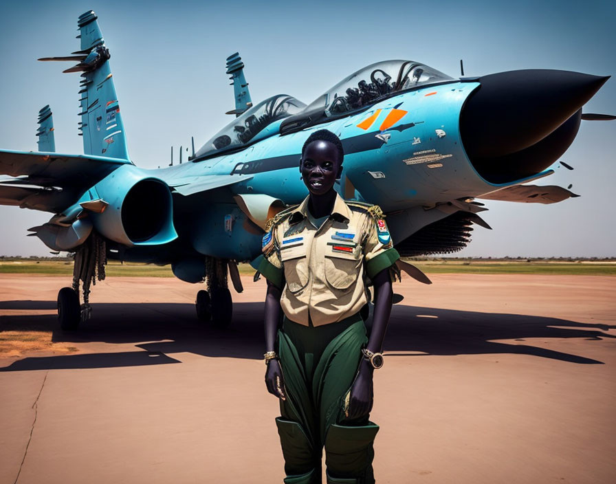 Military personnel in uniform beside dual-seated fighter jet on sunny day