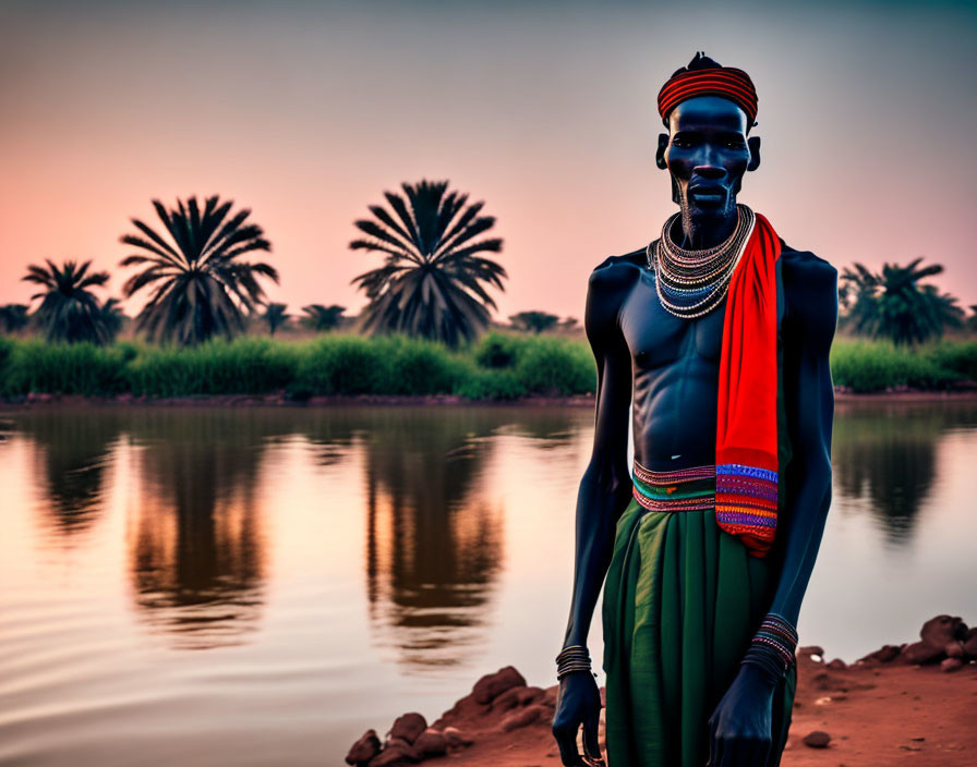 Traditional dress person by calm river at dusk with palm trees