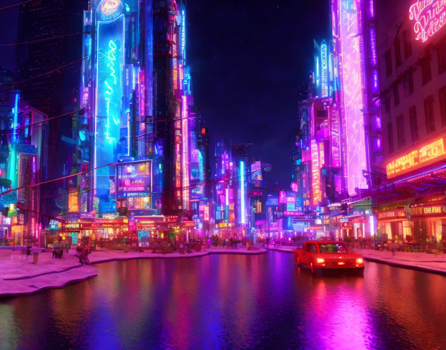 Futuristic night cityscape with neon lights, skyscrapers, and red boat