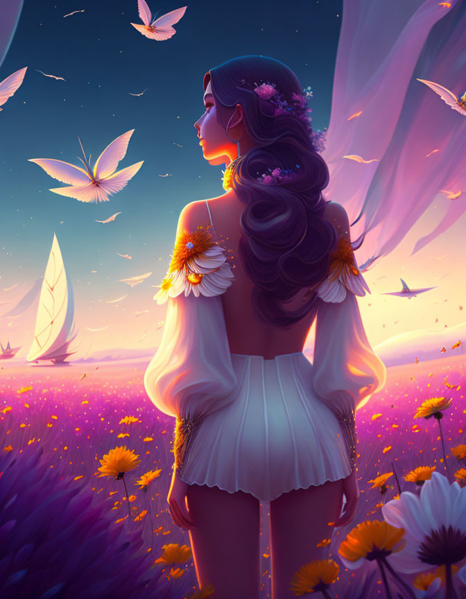 Woman with wings admires purple flower field at twilight with butterflies and sailboat