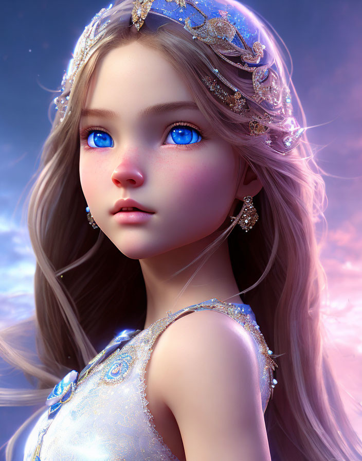 Digital Artwork: Girl with Blue Eyes and Tiara on Twilight Sky