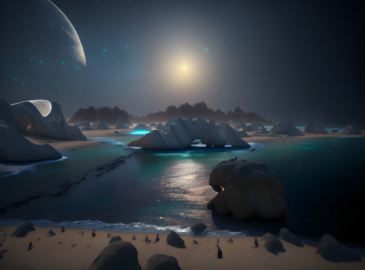 Moonlit beach scene with futuristic structures and campfire gathering