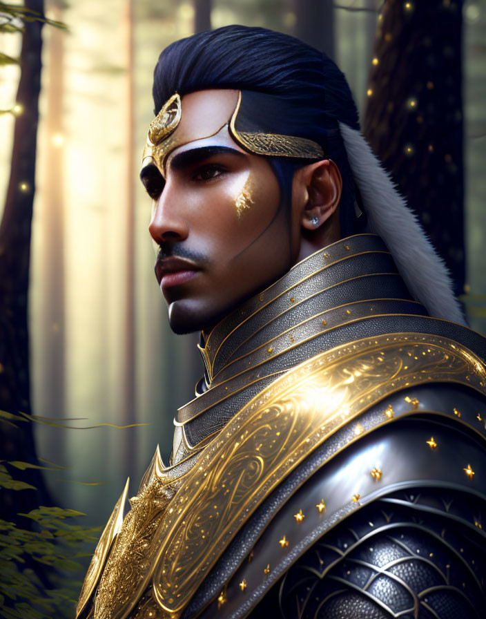 Fantasy warrior in golden armor in mystical forest.