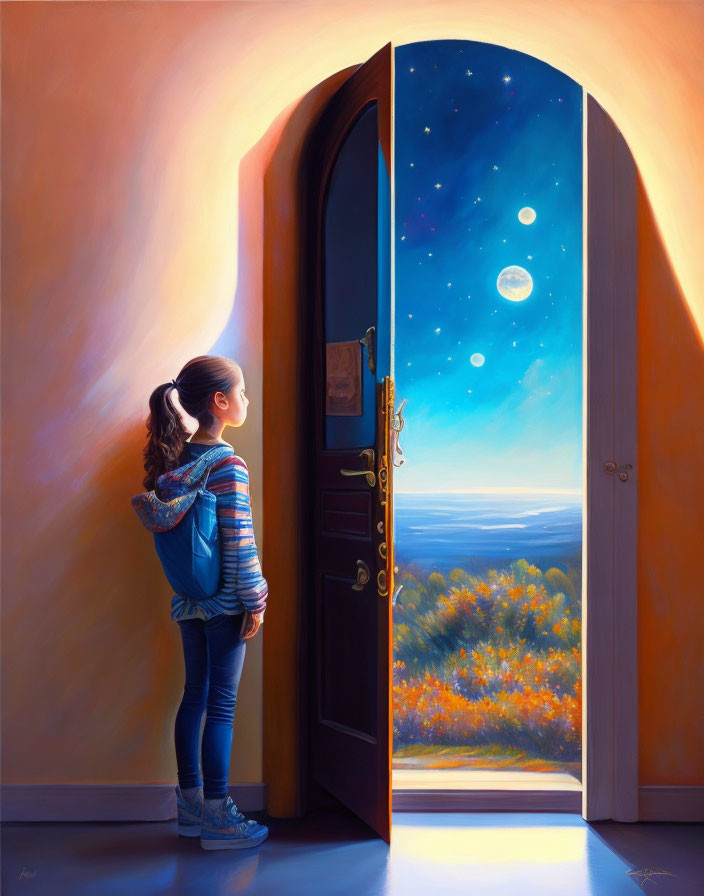 Girl Standing Before Open Door Contrasting Day and Night Scenes