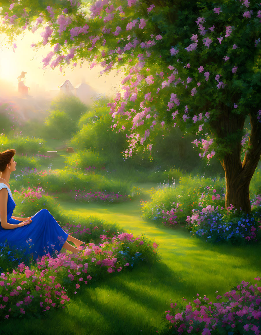 Woman in Blue Dress Sitting Under Blossom Tree in Serene Garden