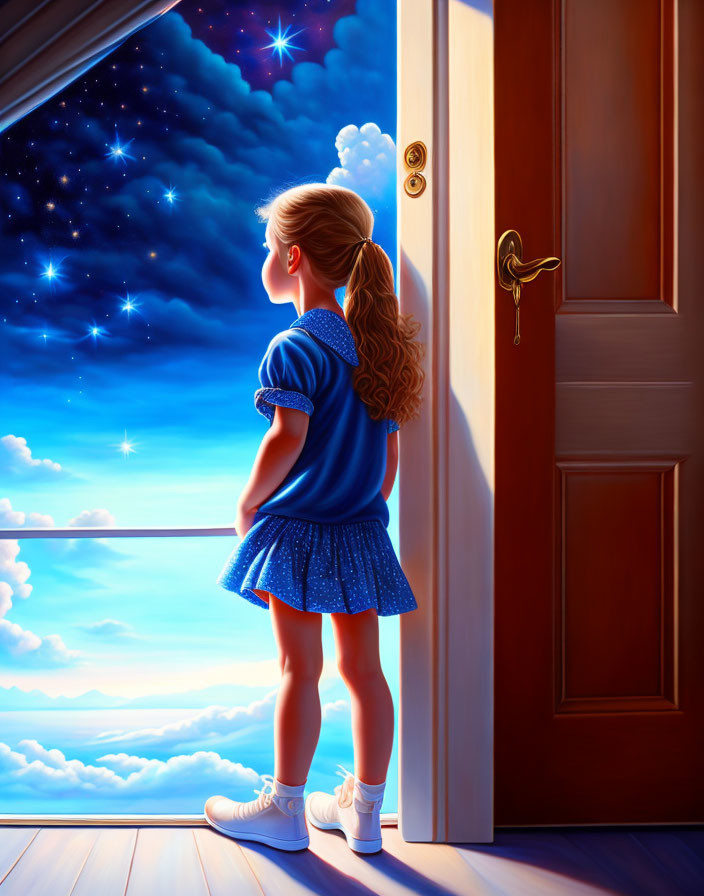 Young girl in blue dress gazes at starry night through open door