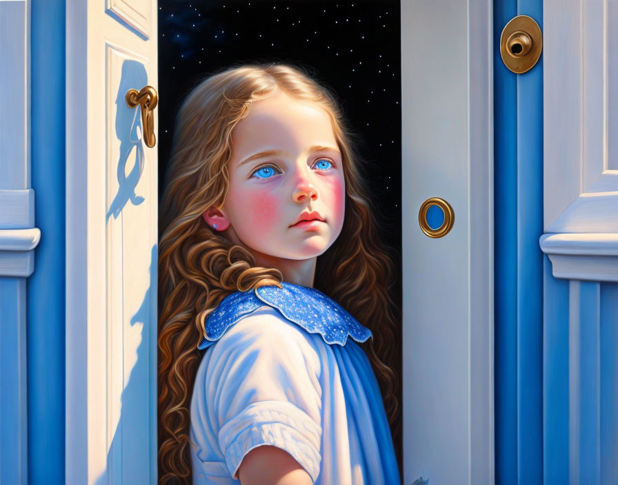 Curly Haired Girl with Blue Eyes at Blue Door Under Starry Night Sky