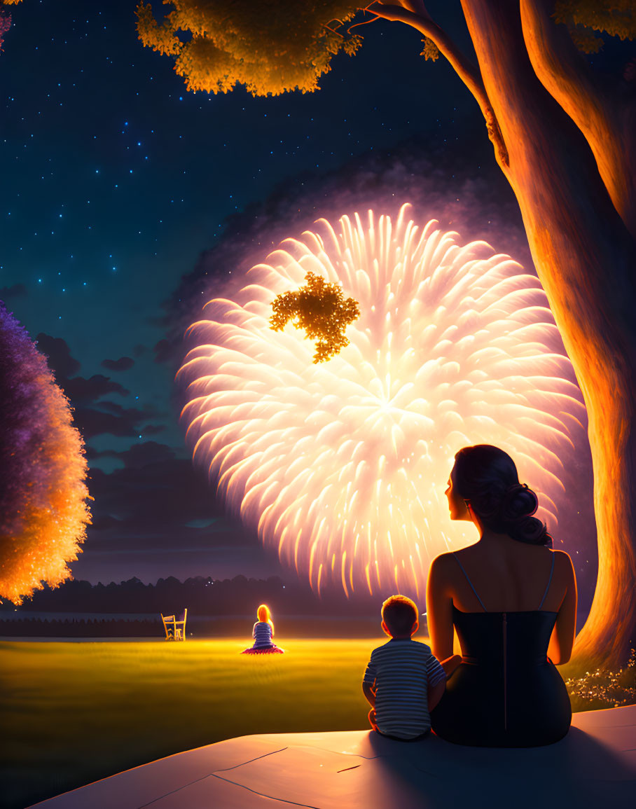 Mother and child enjoying heart-shaped fireworks outdoors at night