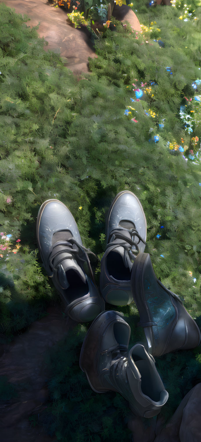 Sneakers on Green Grass with Wildflowers