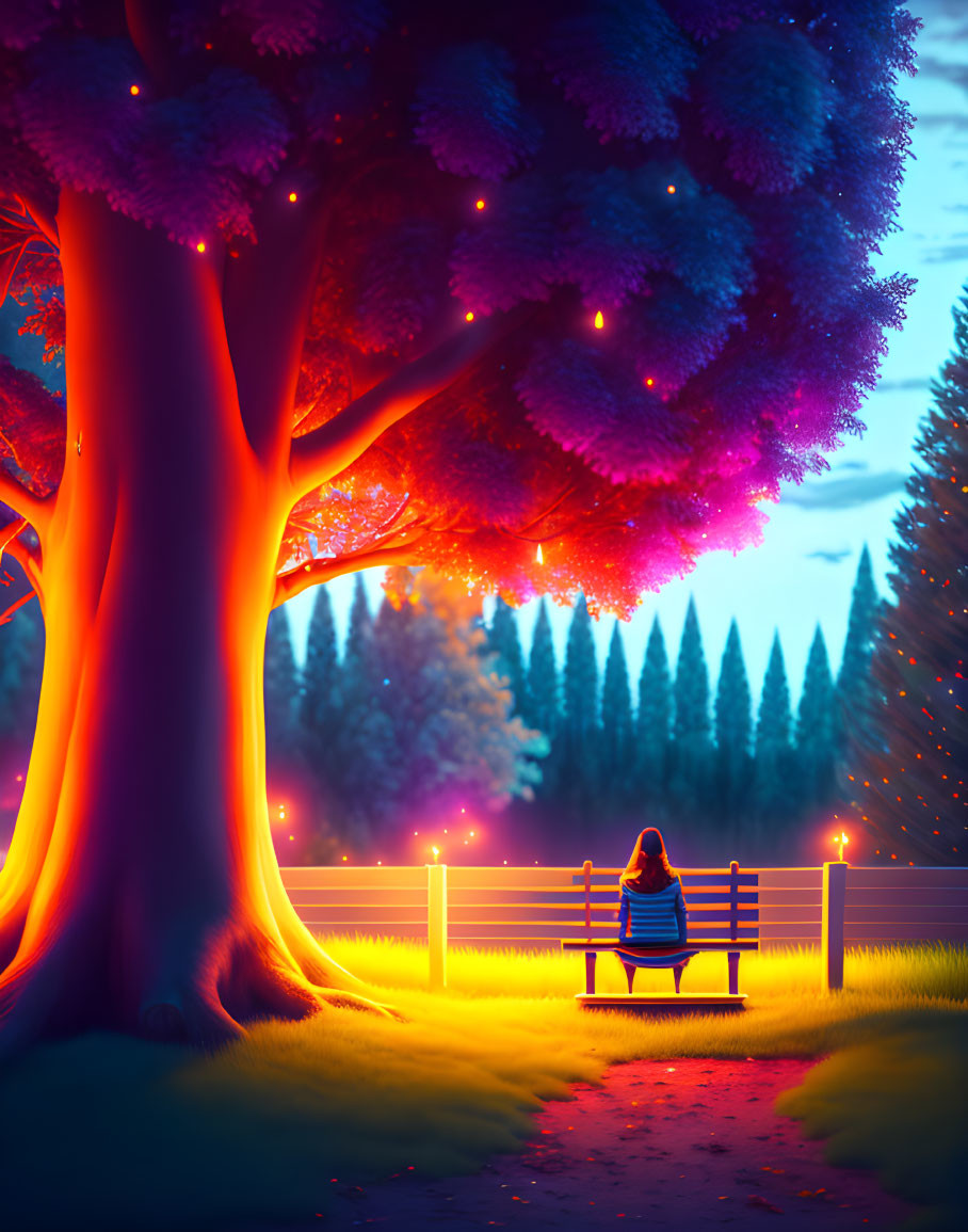 Person sitting on bench under vibrant, glowing tree in serene forest at twilight