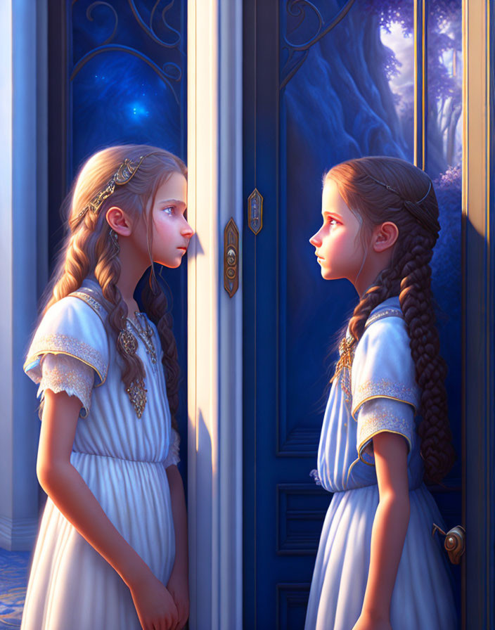 Young girl in white dress with braided hair before mirror and mystical blue door.