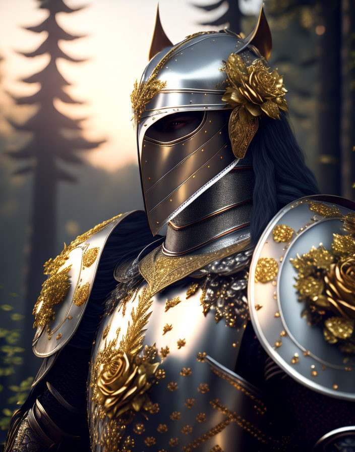 Knight in golden-trimmed armor with winged helmet in forest setting