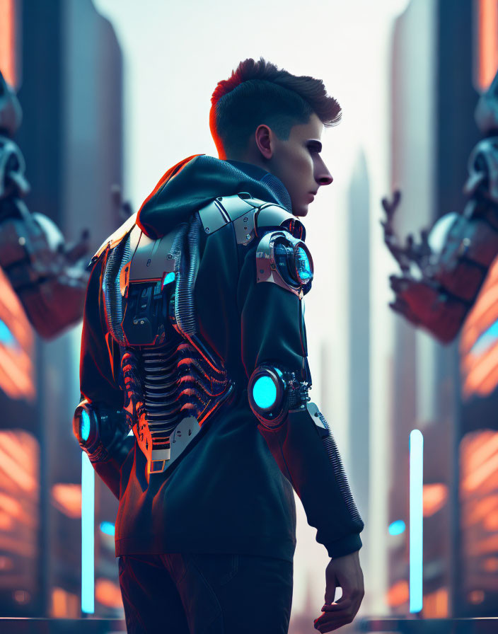 Futuristic young person in neon-lit cityscape with high-tech elements