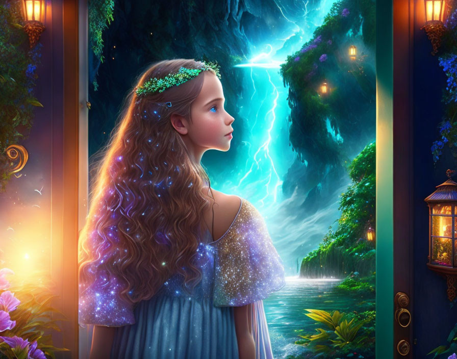 Young girl with wavy hair in floral crown gazes at glowing forest under starry sky