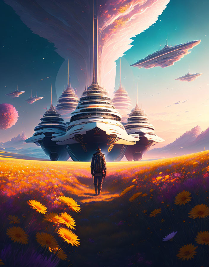 Person in vibrant flower field with futuristic cities and flying ships