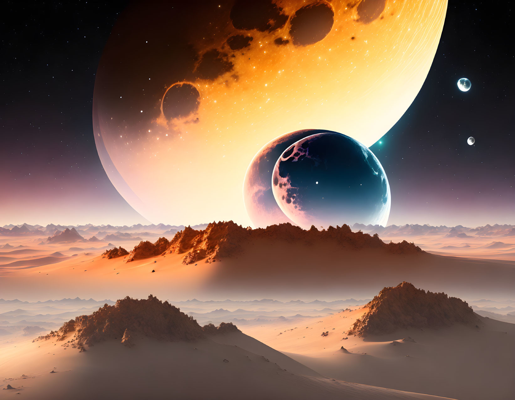 Alien sky over surreal desert landscape with multiple moons and planets.