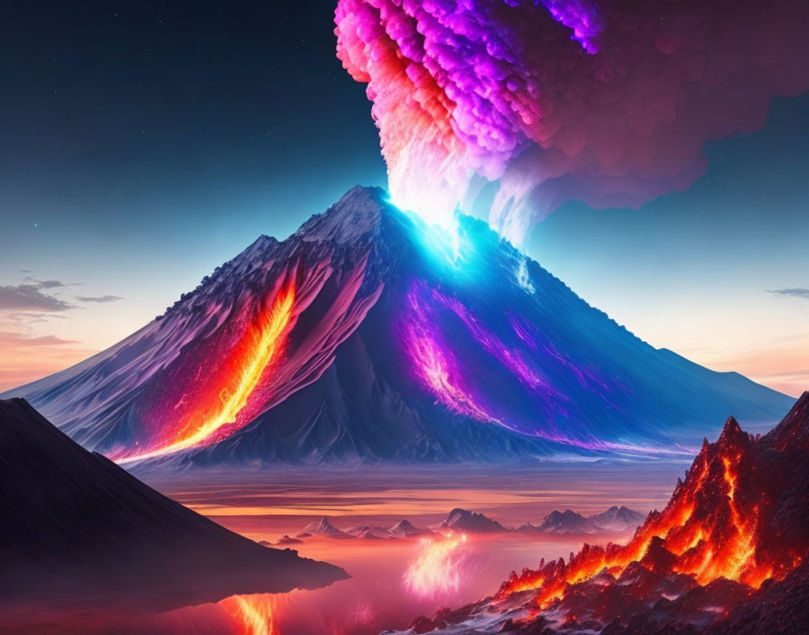 Dramatic volcanic eruption with glowing lava against twilight sky