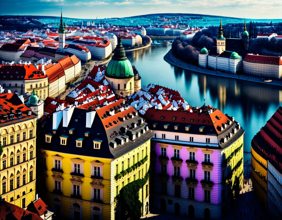 Vibrant cityscape with colorful buildings by meandering river