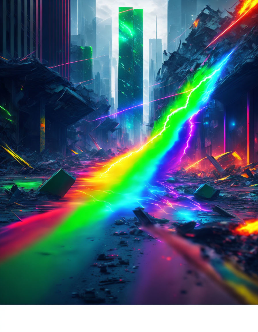 Vibrant rainbow beam in dystopian cityscape.