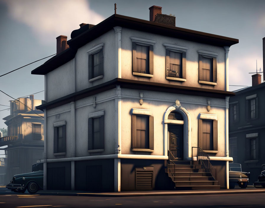 Residential Building with Lit Windows, Classic Car, Dusky Sky