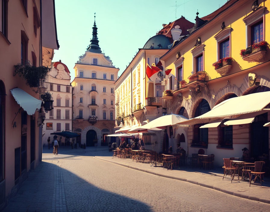 Picturesque European Street with Colorful Buildings and Cobblestones