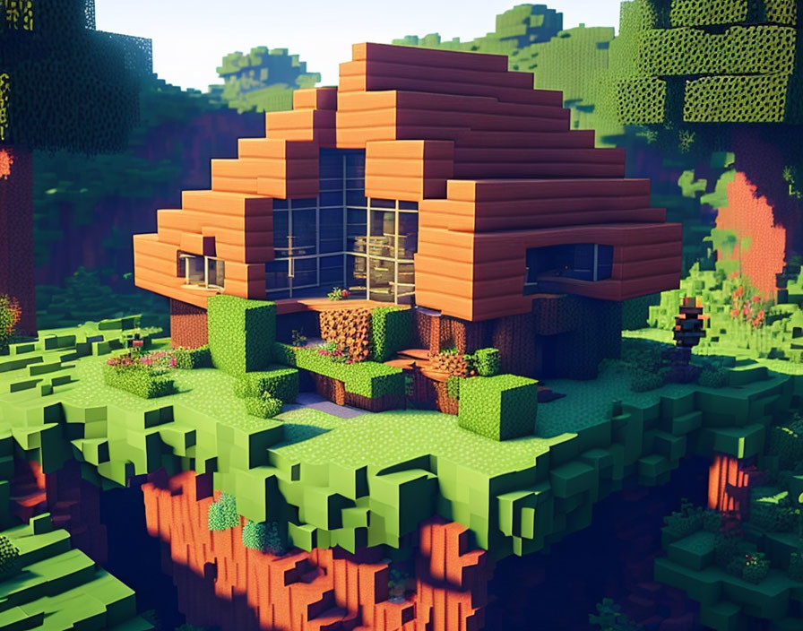 Pixelated two-story house on lush floating island