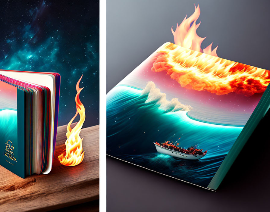 Book cover features fiery pages and ship on turbulent seas.