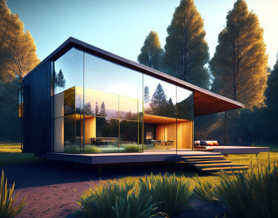 Glass-Walled House with Wooden Panels and Extended Roof at Sunset