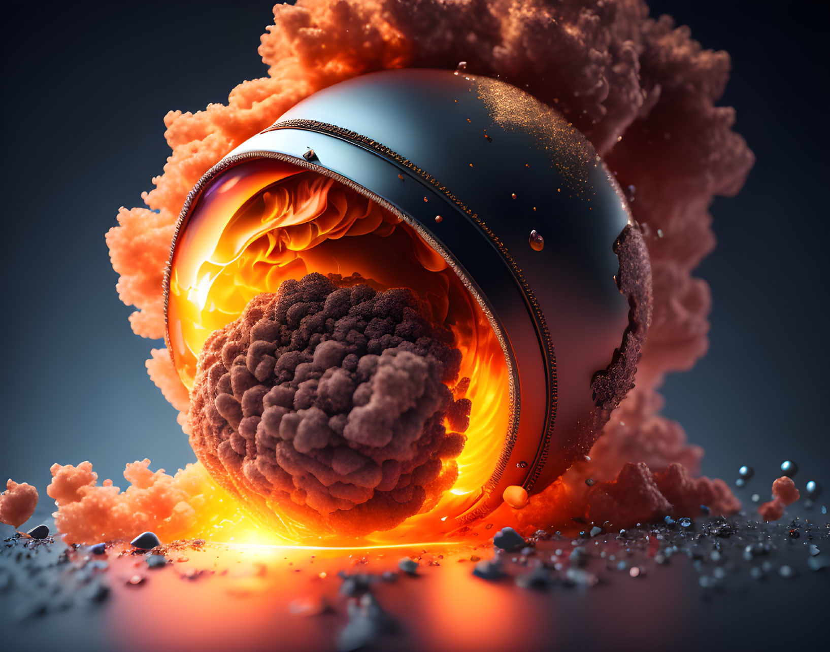 Detailed 3D render of fiery core in spherical object