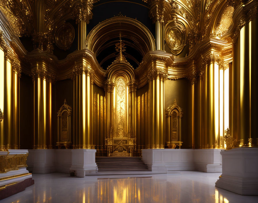 Luxurious Interior with Gold Columns and Grand Staircase