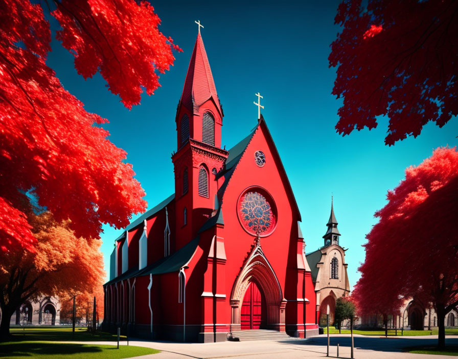 Red church with pointed steeple in autumn landscape