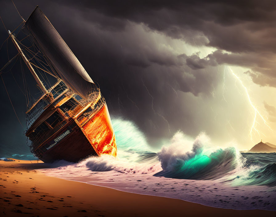 Stormy skies and lightning over wooden ship stranded on beach with turbulent sea waves.