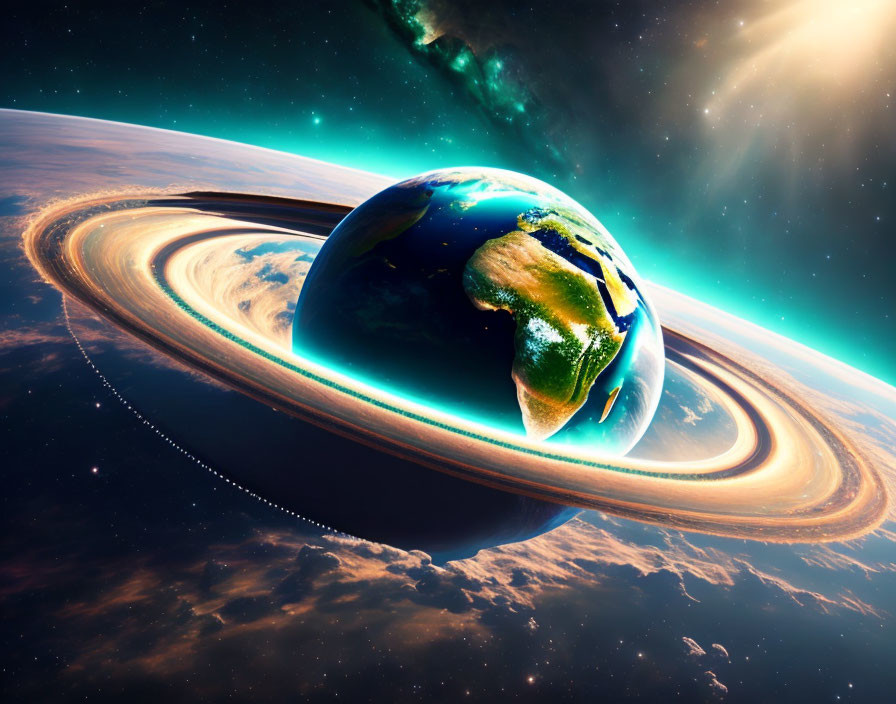 Digitally altered Earth with exaggerated rings in space.