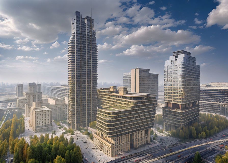 Modern urban cityscape with skyscrapers, road, trees under hazy sky