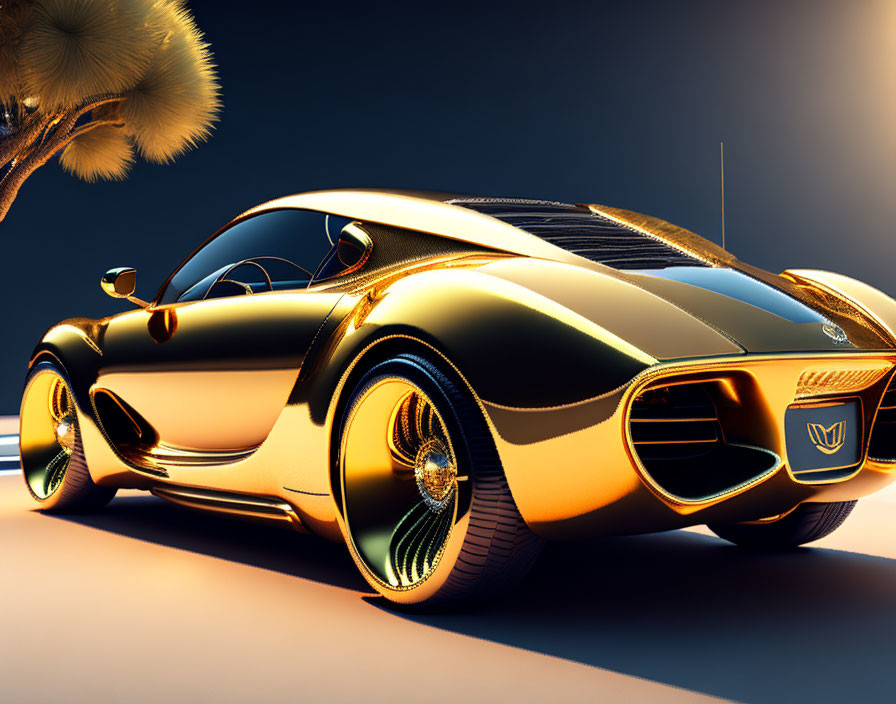 Golden Futuristic Sports Car with Chrome Details on Amber Background