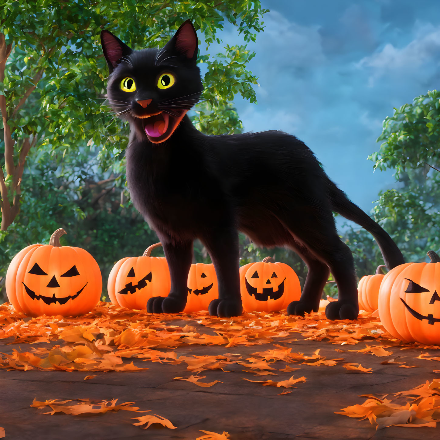 Animated black cat with pumpkins and fallen leaves in dusk sky scene