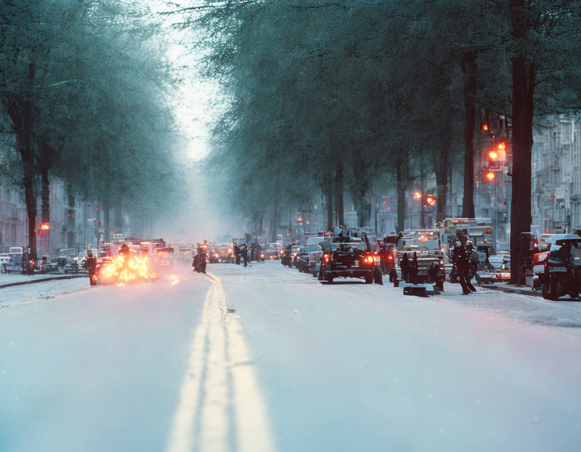 Snowy Street Scene with Emergency Vehicles and Fire in Hazy Atmosphere