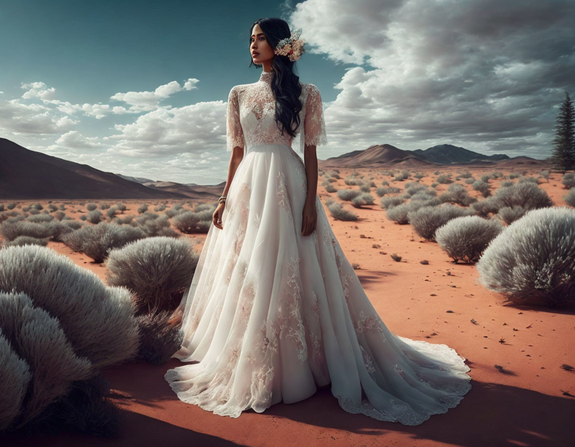 Woman in White Dress in Desert Landscape with Sandy Dunes