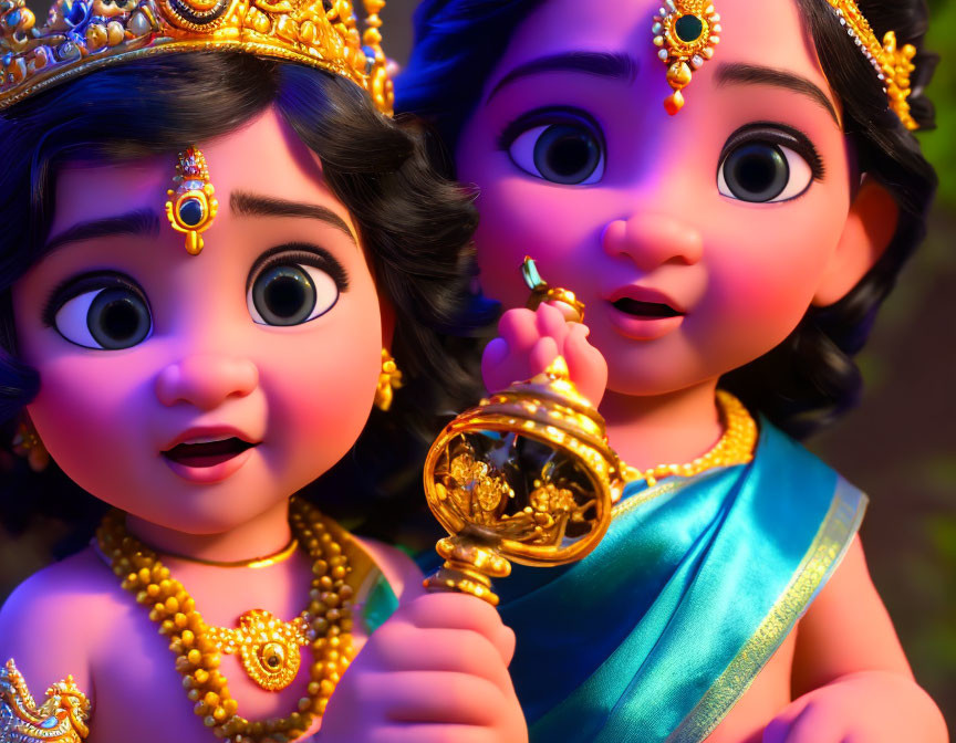 Traditional Indian characters with golden artifact in animated image