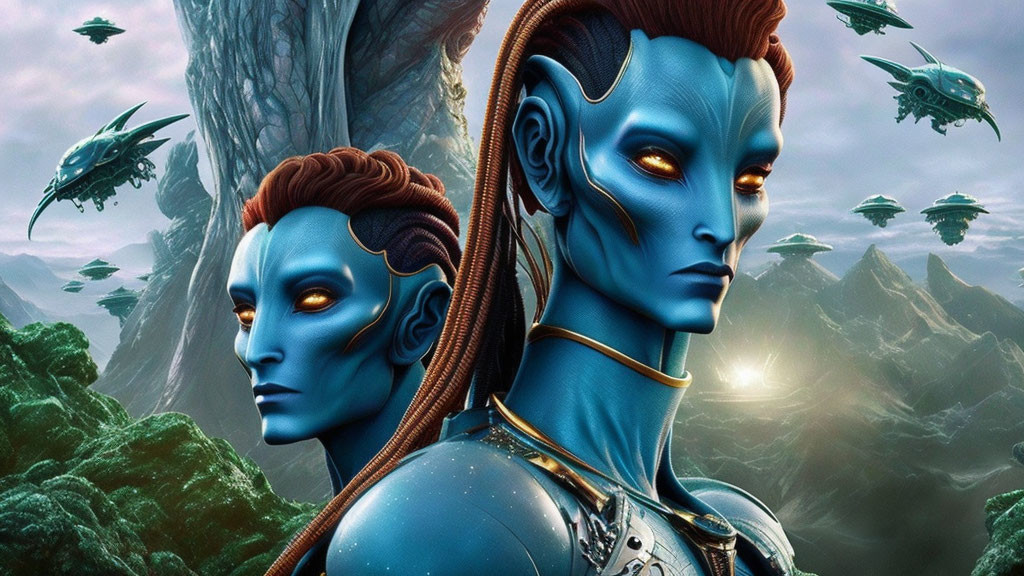 Blue-skinned humanoid characters with tribal markings in fantasy landscape.