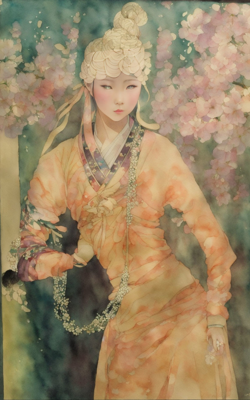 Illustrated woman in traditional attire among pink blossoms.