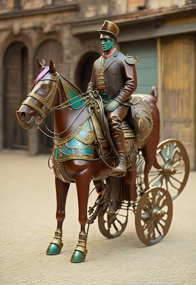 Stylized figure in teal top hat and goggles on horse-drawn chariot with golden designs on