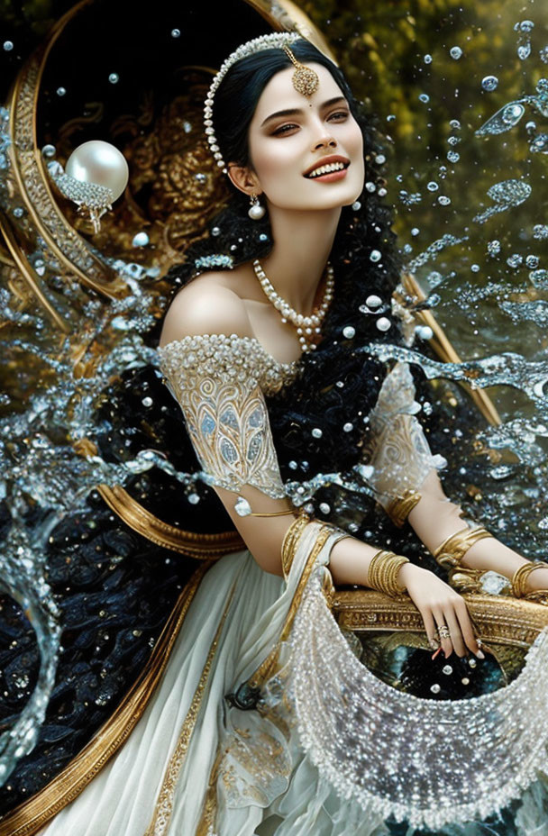 Woman in ornate jewelry smiles in luxurious setting with bubbles