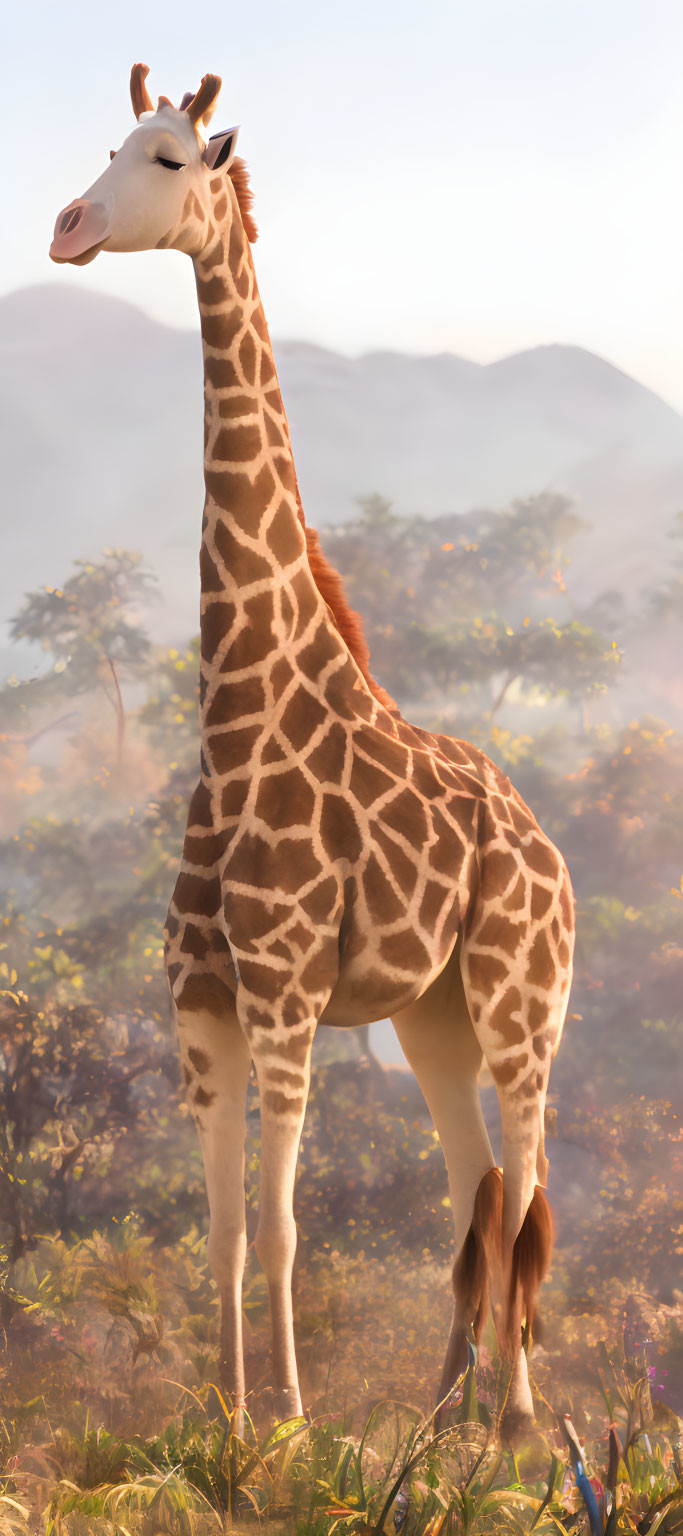 Giraffe in sunlit savanna with extended neck