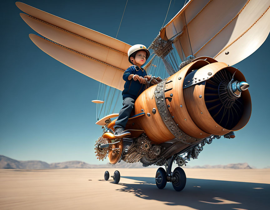 Child flying steampunk wooden airplane over barren landscape