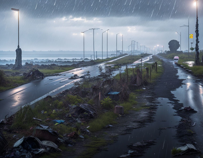 Deserted road scene: rainy weather, streetlights, lone car, scattered debris