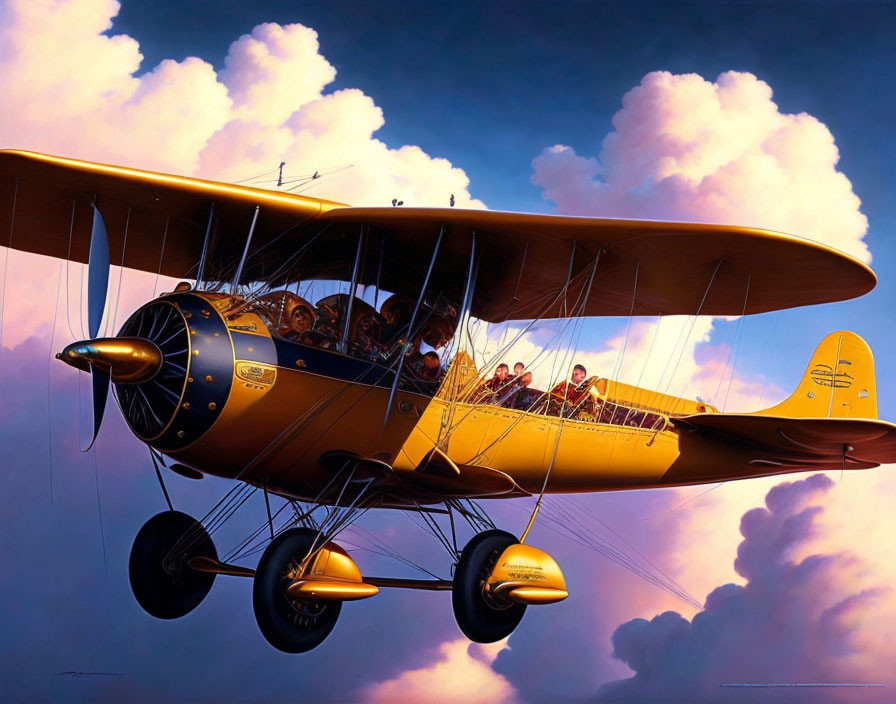 Vintage biplane with passengers in twilight sky