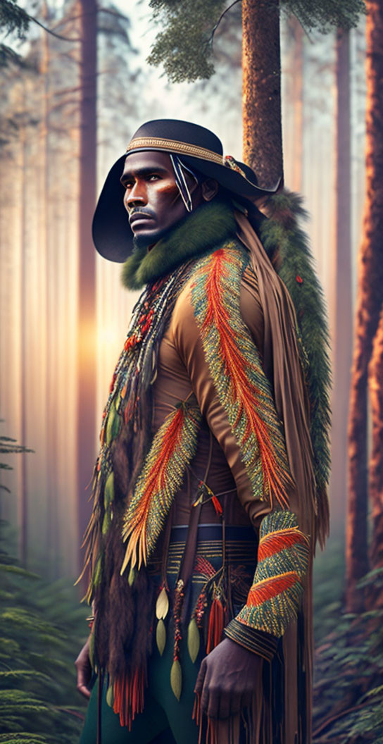 Tribal man in forest with feathered cape, fur trim, and straw hat